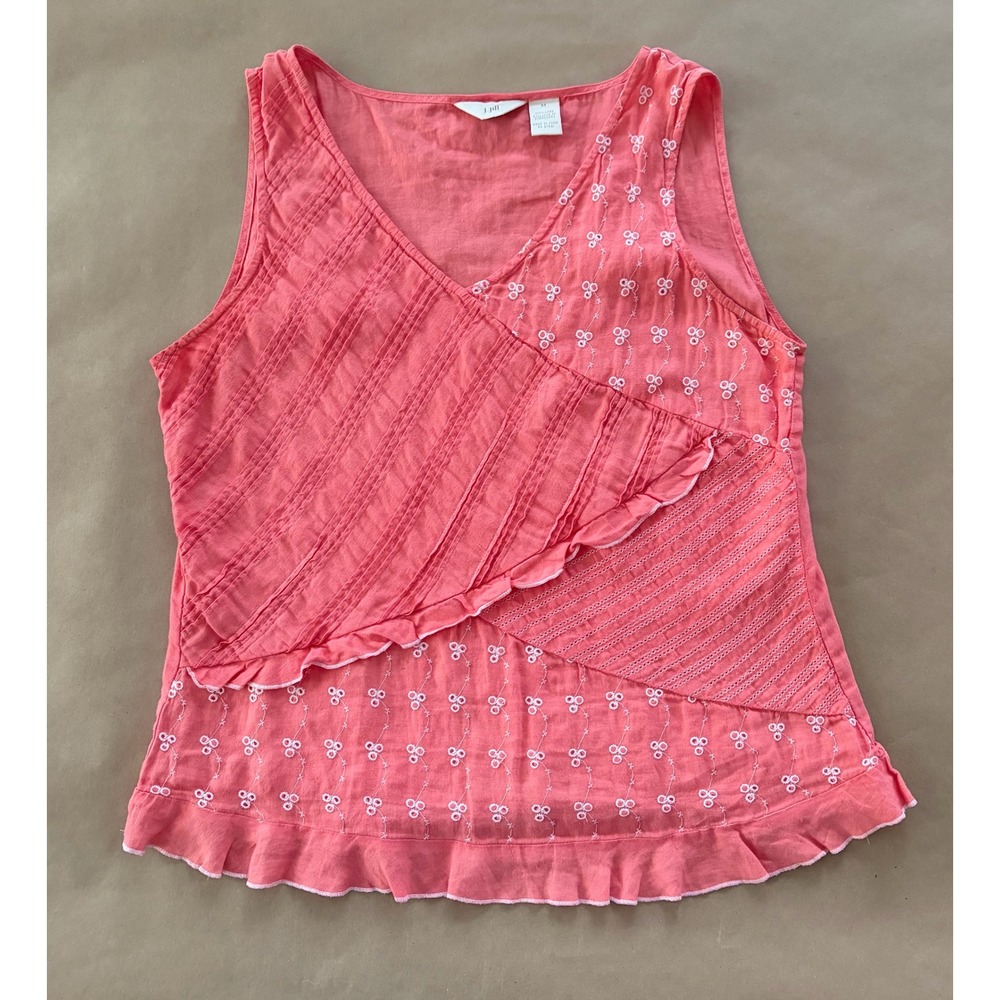 J. Jill Womens 100% Linen Embroidered Pintuck Ruffle Tank Top Size M Boho Chic